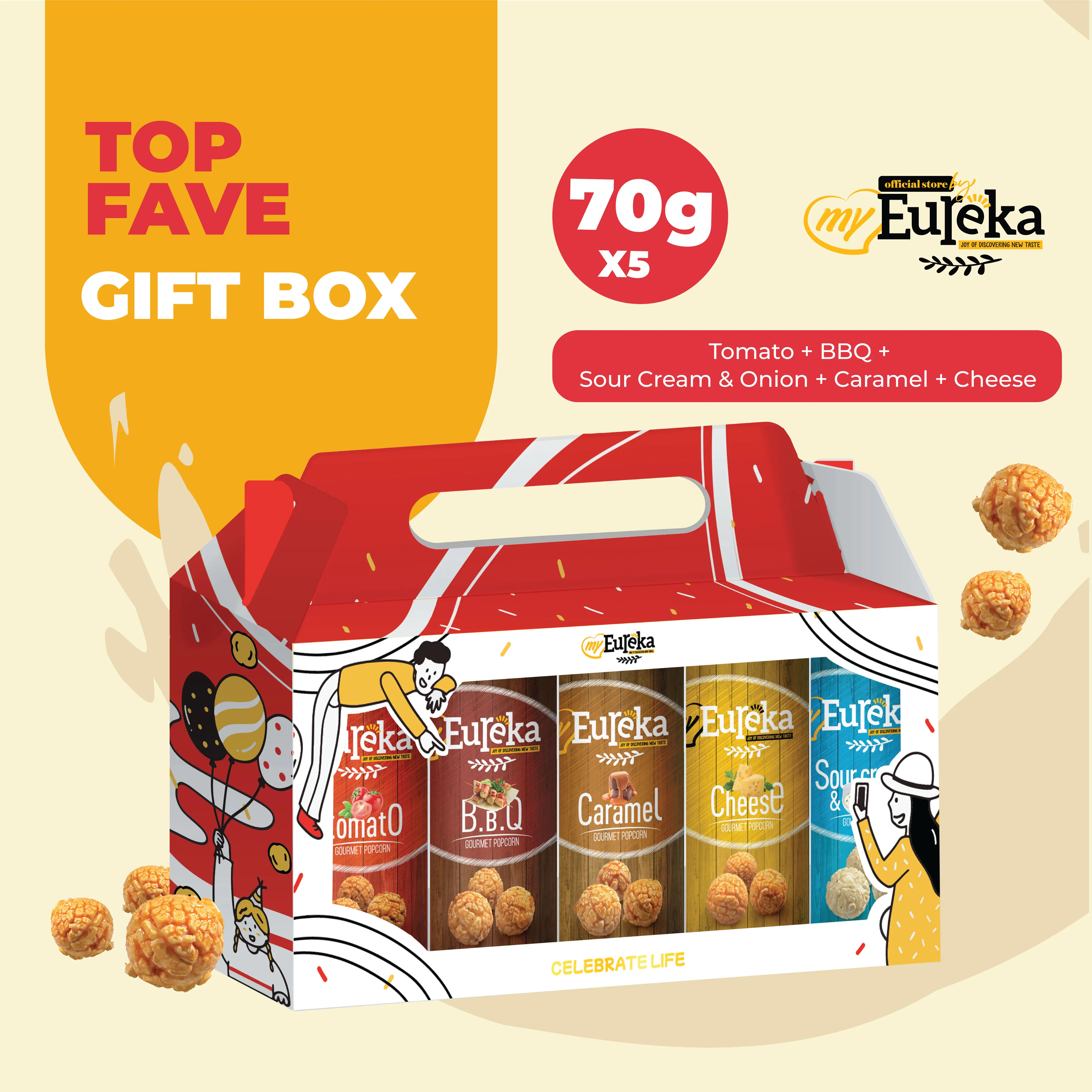 Eureka Top Fave Giftbox Gourmet Popcorn 70g x 5 Canister Mix Treat
