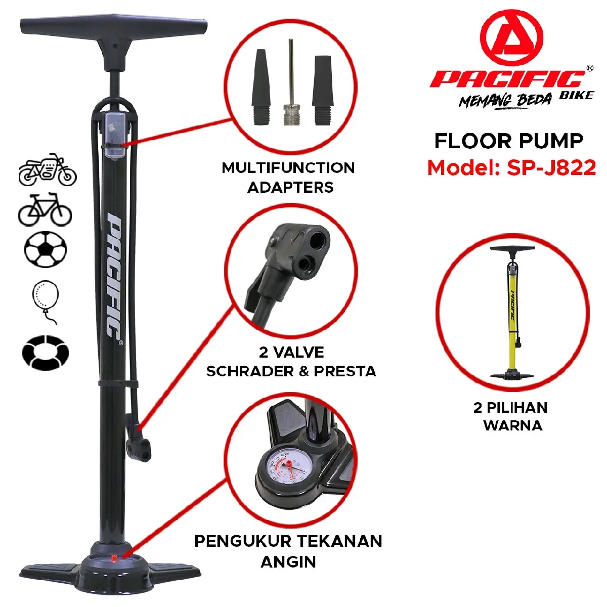 POMPA ANGIN TABUNG METER ALLOY BAN SEPEDA MOTOR PASIFIC