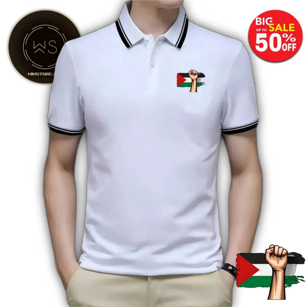 Kaos t-shirt polo 2 LIS Motif PALESTINA DTF pria polos ukuran M   L   XL   XXL Baju berkerah