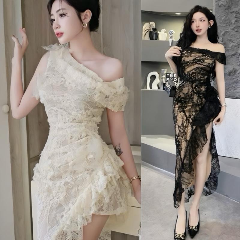 Đầm body ren hoa nổi bẹt vai tà chéo A89 (có mút, kèm quần, xẻ trái) dáng dài nữ tính sang trọng dành đi tiệc đi cưới đi hẹn hò - Akara closet dress women kem