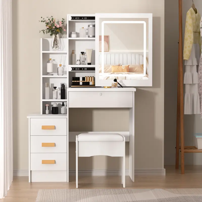 Vanity Desk with Sliding Mirror and Lights, Bedroom Dressing Table, Makeup Table with Drawers & Shelves, Hidden Storage Space 4