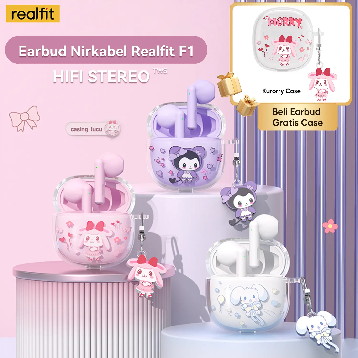 【Beli Eaebud Dapatkan Case Lucu】Realfit F1 Headset  Bluetooth 5.3 Earbuds Playtime 24 Jam HIFI Kualitas tws  with Case Lucu