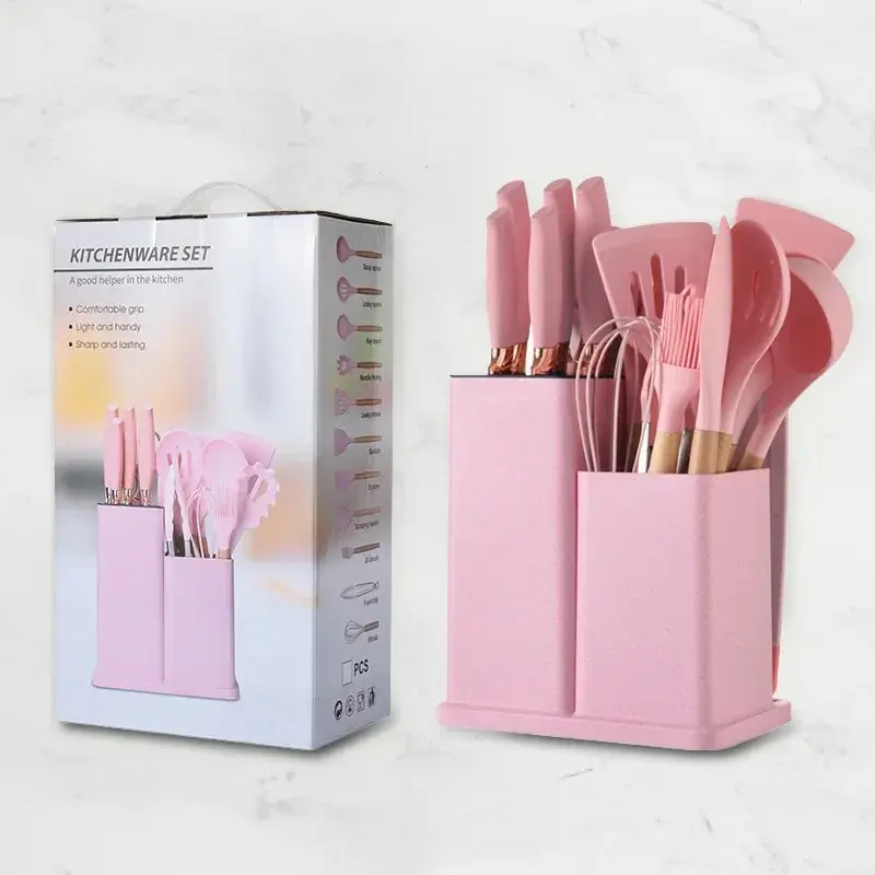 Conjunto de 19 utensílios de cozinha de silicone antiaderente, incluindo espátula, concha para sopa e jogo de facas com cepo. - 4