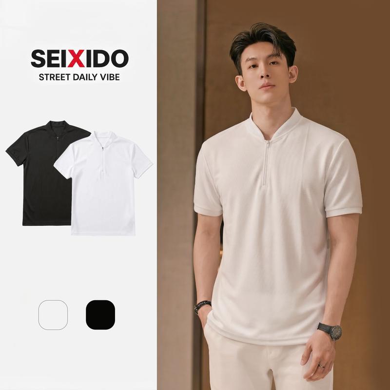 Áo thun nam cổ zip dáng Clean Fit SEIXIDO áo phông cổ khoá cách điệu chất liệu dệt gân chéo chống nhăn N045