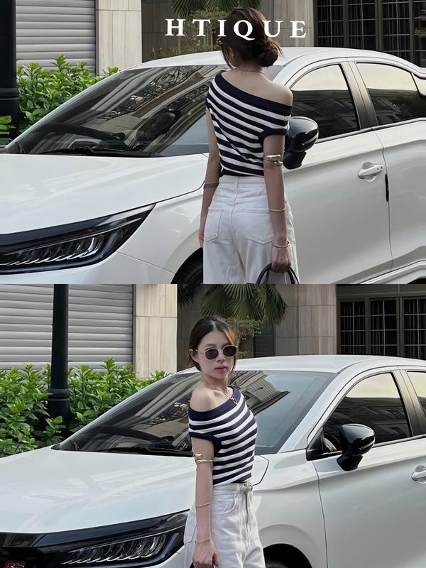 BST hè HTIQUE DEAL mở bán Áo len nữ kẻ trễ vai siêu sang Áo len kiểu dáng ôm thiết kế cao cấp HT04