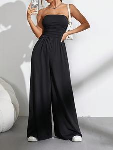Mono de mujer con top sin mangas, pantalón largo de pierna ancha y cintura alta casual, prendas inferiores versátiles y a la moda para uso diario, cómodas y elegantes