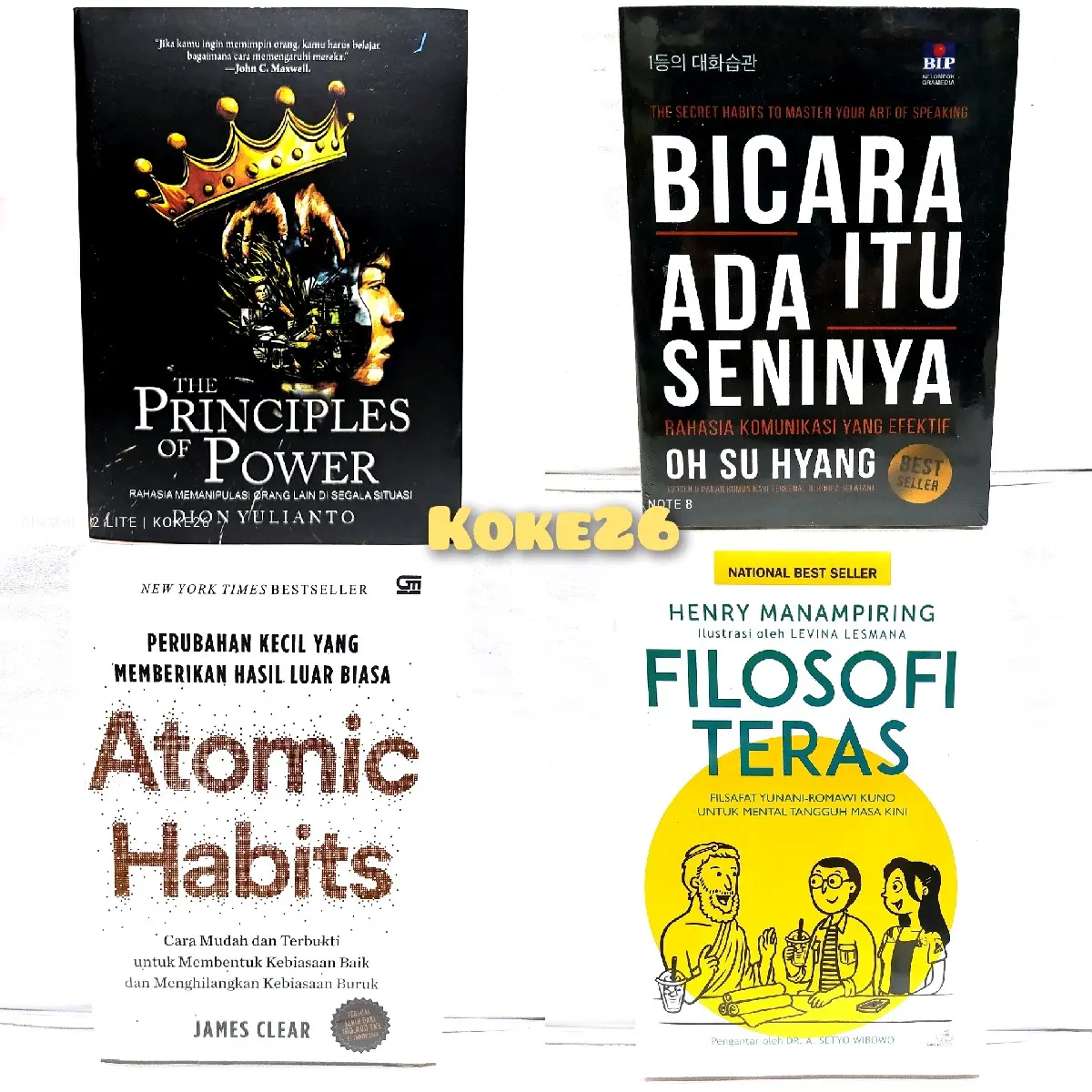 PAKET isi 4 Buku Motivasi Bicara Itu Ada Seninya + Atomic Habits + The Principles Of Power + Filosofi Teras Psychology
