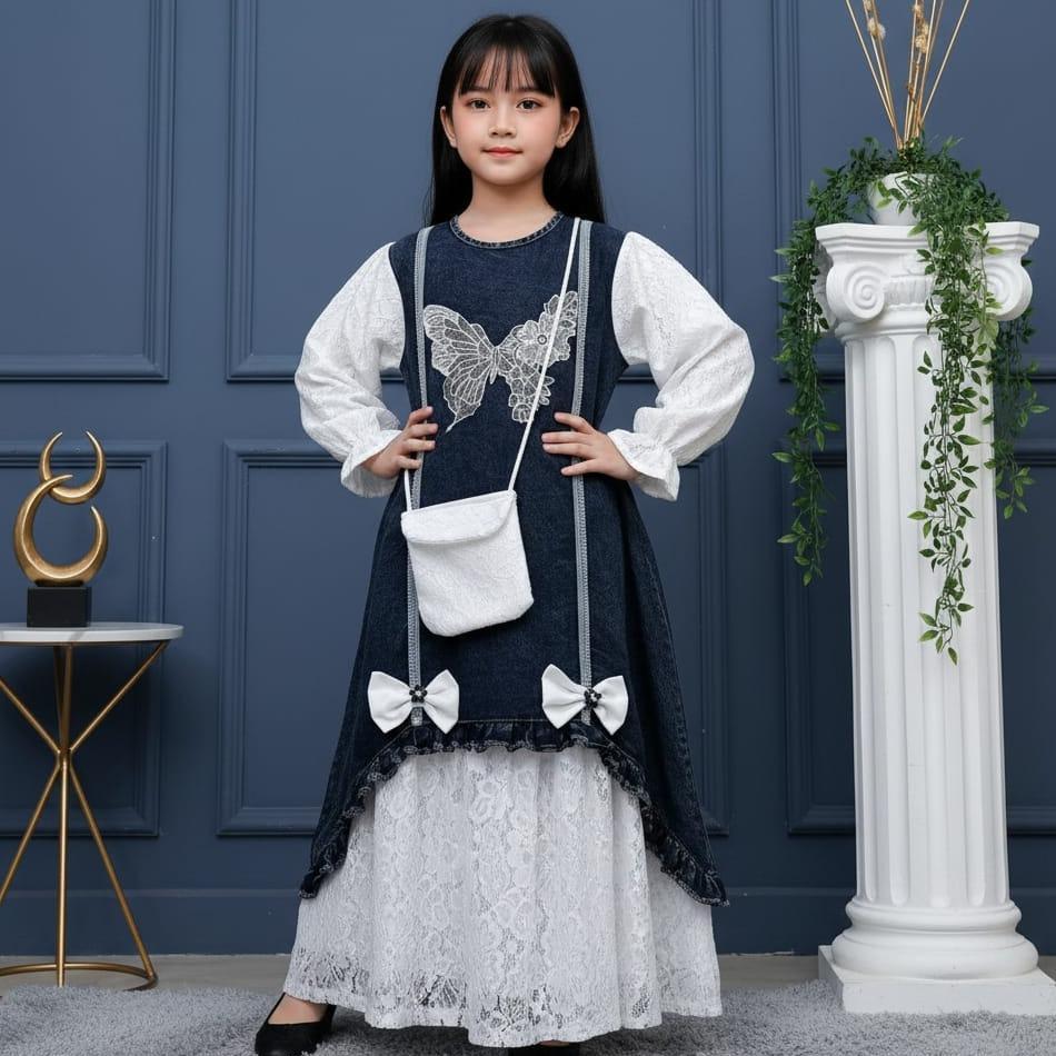 Gamis Terbaru Lebaran 2026 Anak Perempuan Lebaran Jeans Snow Black Baju Gaun Cantik Elegant Premium Jeans Snow Black Full Jeans Pita