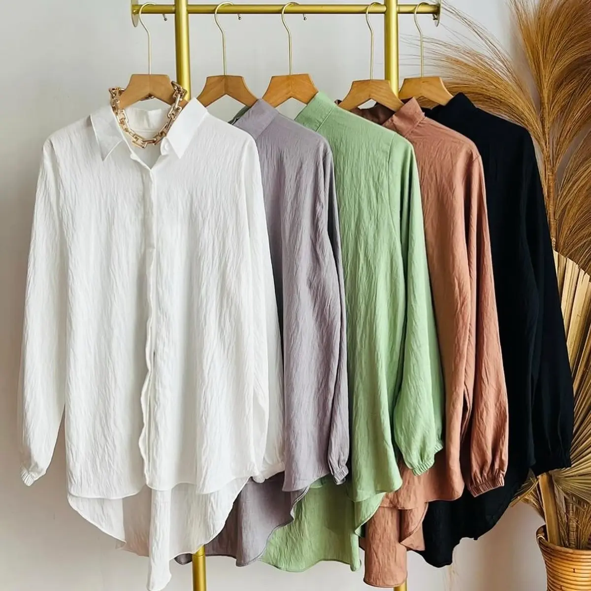 Comfy Crinkly Hi-Lo Blouses  Shirts Womenswear Lady Comfort Basic Collared
