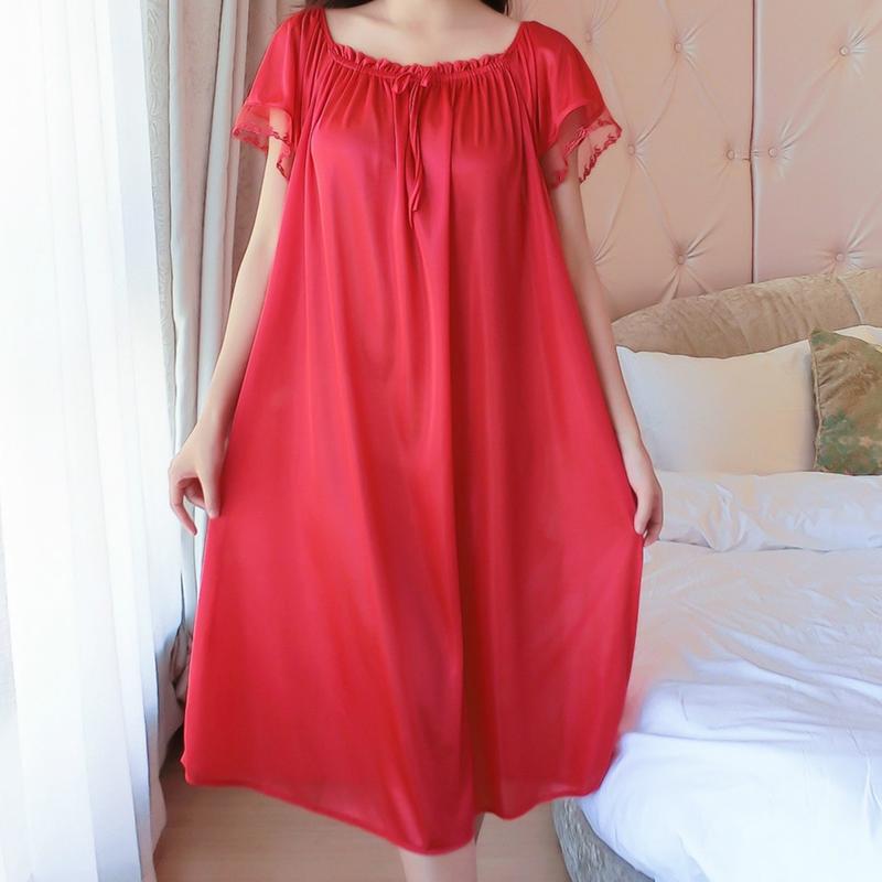 Váy Ngủ Ren Ngoại Cỡ Cho Nữ, Có 10 Màu, Thích Hợp Cho Mùa Hè, Váy Ngủ Satin Ren Mỏng, Màu Trơn ngắn Tay, Đồ Ngủ Thoải Mái 7