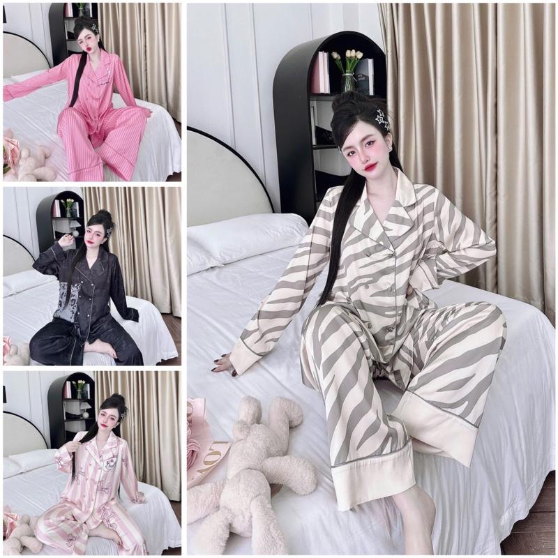  Bộ pijama tay ngan quần dài thiết kế chiều dài quần 95 size  45kg-65kg  lua Hàn Châu 
