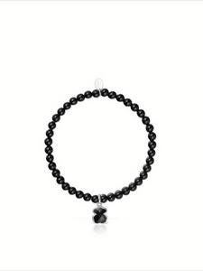 Pulsera de cuentas negra/verde/rosa/blanca, pulsera con oso de imitación jade, joyería de moda para mujer versátil para uso diario, pulsera de oso de acero inoxidable elástica y ajustable en color plateado.