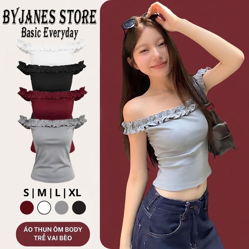 Combo 5 Áo thun nữ trễ vai viền bèo BYJANES phong cách basic , chất liệu Cotton…