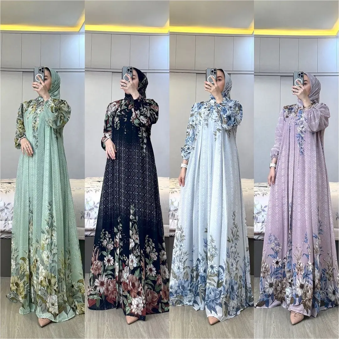 Gamis Set Hijab Vamel Ceruty Babydol Motif Full Furing Busui Frendly Gamis Kondangan Gamis Terbaru - Muslim Wanita