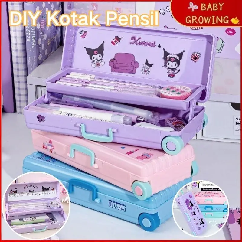 Sanrio Seri Kotak Alat Tulis troli Lucu Kuromi/Melody Pensil Kapasitas Besar Kotak Penyimpanan Alat Tulis Hadiah Anak-anak