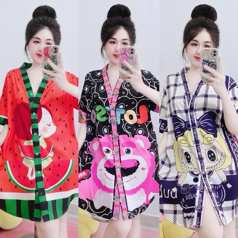 [ 1 CỠ DƯỚI 70KG] Đầm ngủ lụa xước hình dễ thương form suông rộng