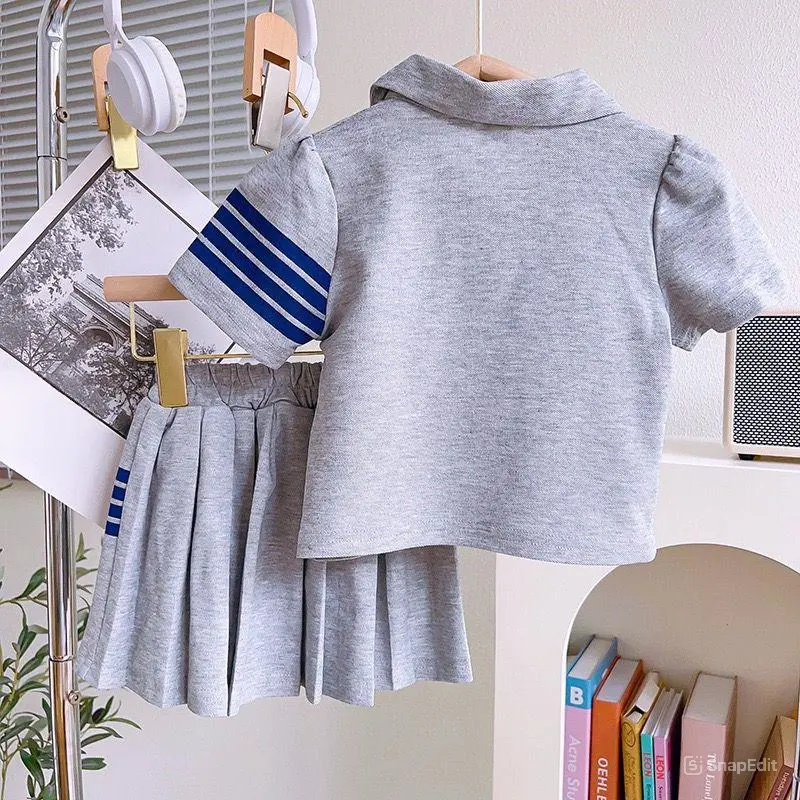 [KIDSFASHIONKOLEKSI] Setelan Polo Rok Abu Motif Rabbit Stripe Anak Perempuan Simple 1