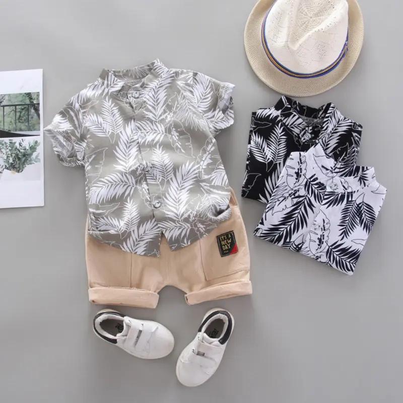 Summer Children Baby Boys Short Sleeve Leaves Pattern T-shirt Blouse+Shorts Casual Outfits Set