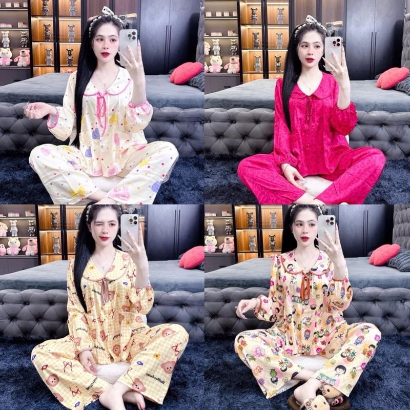 (40-60kg) bộ đồ ngủ CỔ Sen pijama LỤA MỊN TƠ TẰM mềm mịn mát Nữ