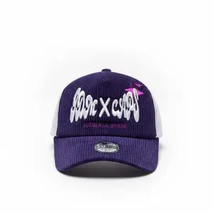 JDMCAPS - Topi Trucker Corduroy Ungu Visor Pendek Jaring Putih Bordir Premuim