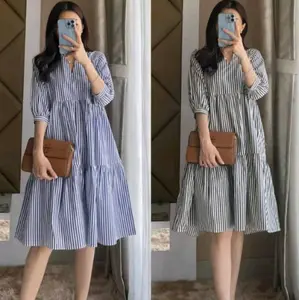 dress salur katun tebaru Wanita Dewasa Casual Stripe Baju Panjang Midi