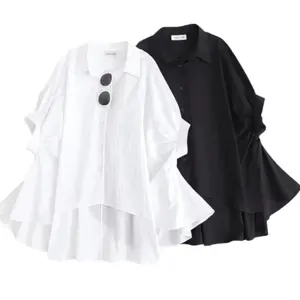 PRQUEEN Elvira Top Baju Atasan Casual Korean Style Wanita Remaja Dewasa Kemeja Oversize Crinkle Airflow Jumbo Fit XXL Lengan 7/8 Hitam Putih