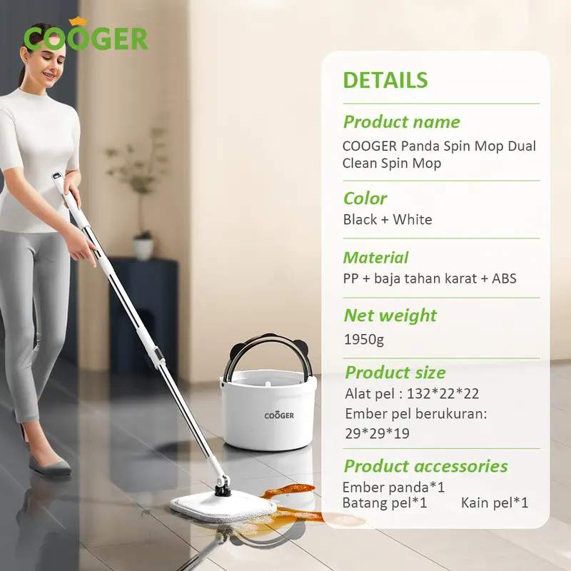 COOGER Electric Pel Panda Plus Dual Clean Mop Upgrade Spin Mop Upgrade Air Bersih Air Kotor Terpisah 8