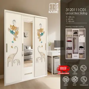 Lemari besi geser tiga pintu Kaire 120 cm - pintu geser + cermin dan gantungan, cocok untuk rumah, desain elegan, kokoh, kuat, anti karat, praktis, gratis packing kayu