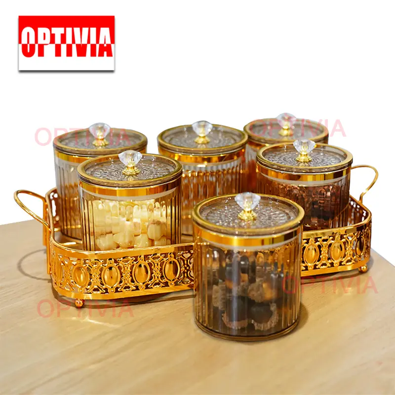 OPTIVIA Emas Snack Tray Kue Storage Jar Snack Bowl Tempat Saji Snack Cemilan Kotak Makanan Toples Lebaran Set Nampan Topless 0