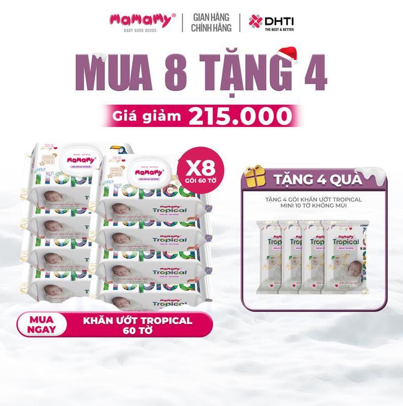 TGMBS DEAL SỐC GIẢM GIÁ + TẶNG THÊM 4 GÓI KHĂN ƯỚT MINI 10 TỜ MUA 8 gói khăn ướt Mamamy Tropical 60 tờ không hương thơm TẶNG 4 gói khăn ướt Tropical mini 10 tờ không hương thơm