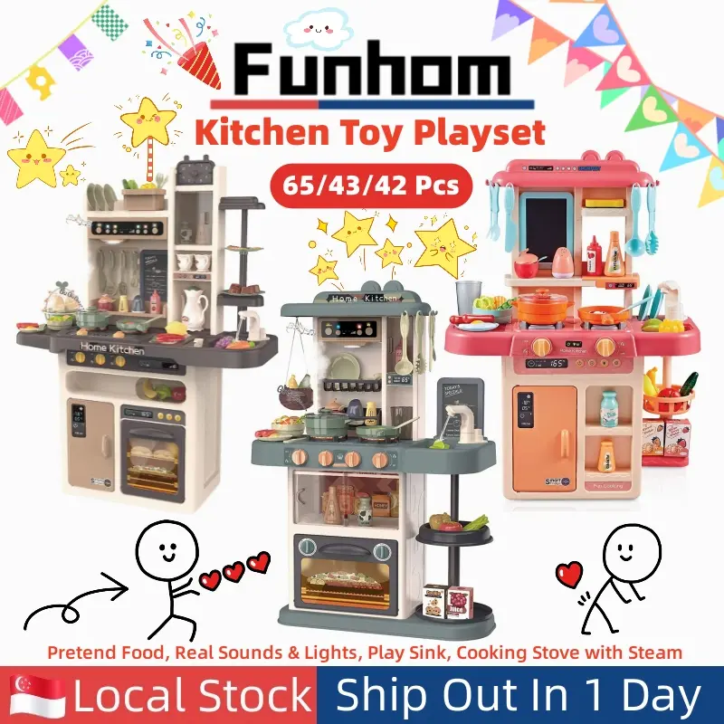 [SG Stocks] Educational Kitchen Toy Playset For Toddlers Children 65/43/42-Pcs-Simulation Kitchenware/Pretend Food/Real Sounds & Lights/Play Sink/Cooking Stove with Steam/Early Educational Panel/Detachable Blackboard/Perfect Gift Choice/Realistic & Safe