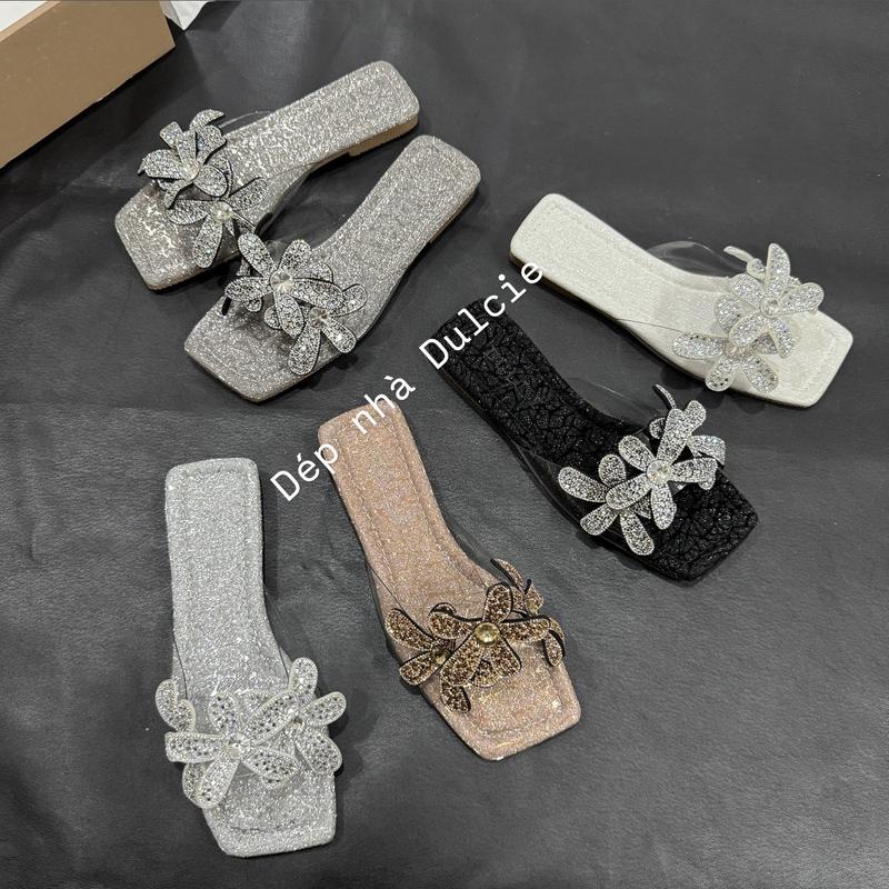  Dép Lê Dulcie Nữ Mũi Vuông Quai Meca Xịn 3 BÔNG HOA SAO ĐÁ Lấp Lánh Đế Chống Trơn Trượt Đi Êm Chân 