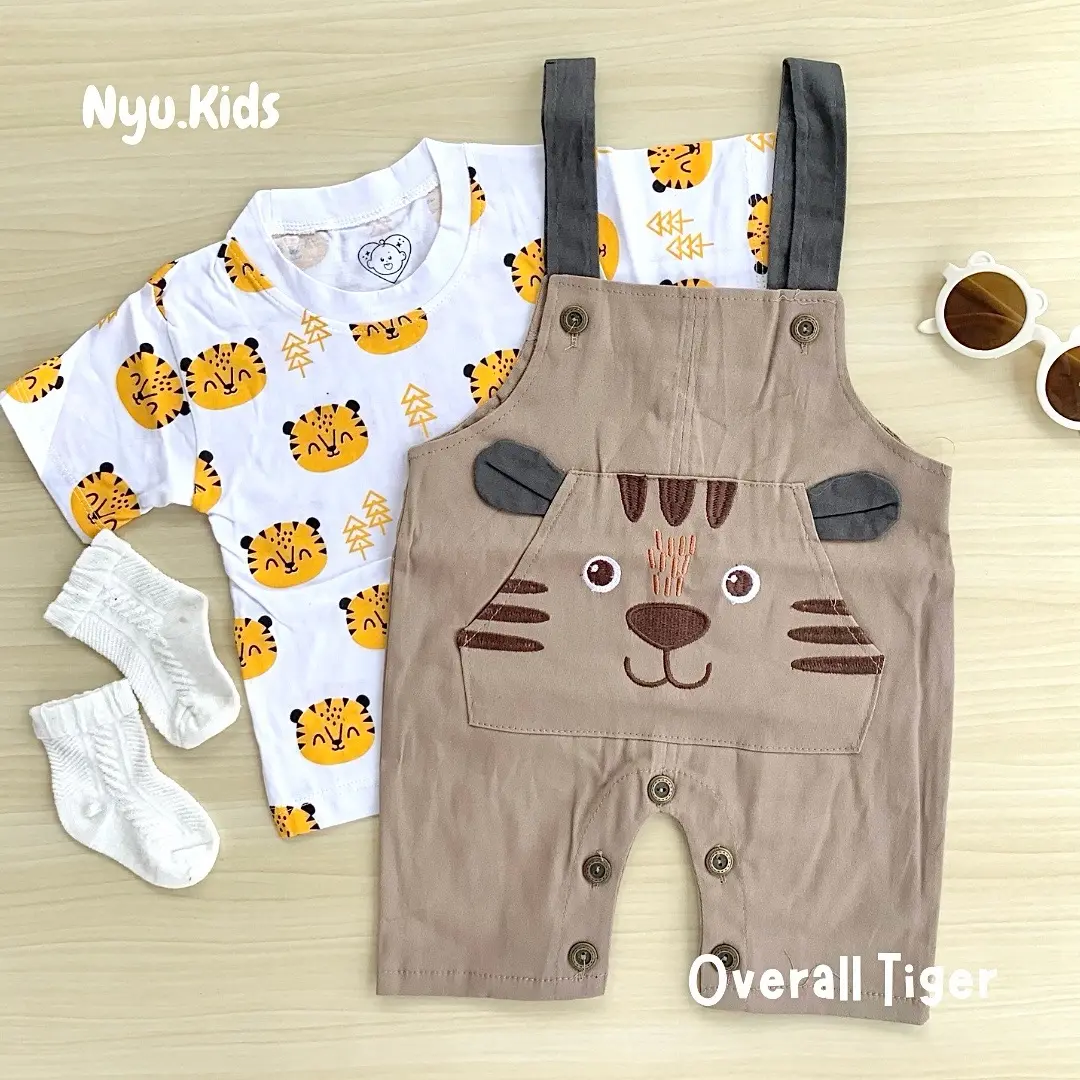 Nyukids - SET Overall Cute Tiger Baju Bayi Cowok usia 5 bulan - 18 bulan / One Set Kodokan / Bahan  Cotton Combed