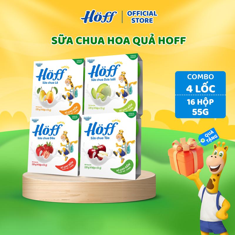 Combo 4 lốc Sữa chua trẻ em HOFF 4 mix vị Dâu, Táo, Chuối, Nguyên bản ( 16 hộp x 55g )
