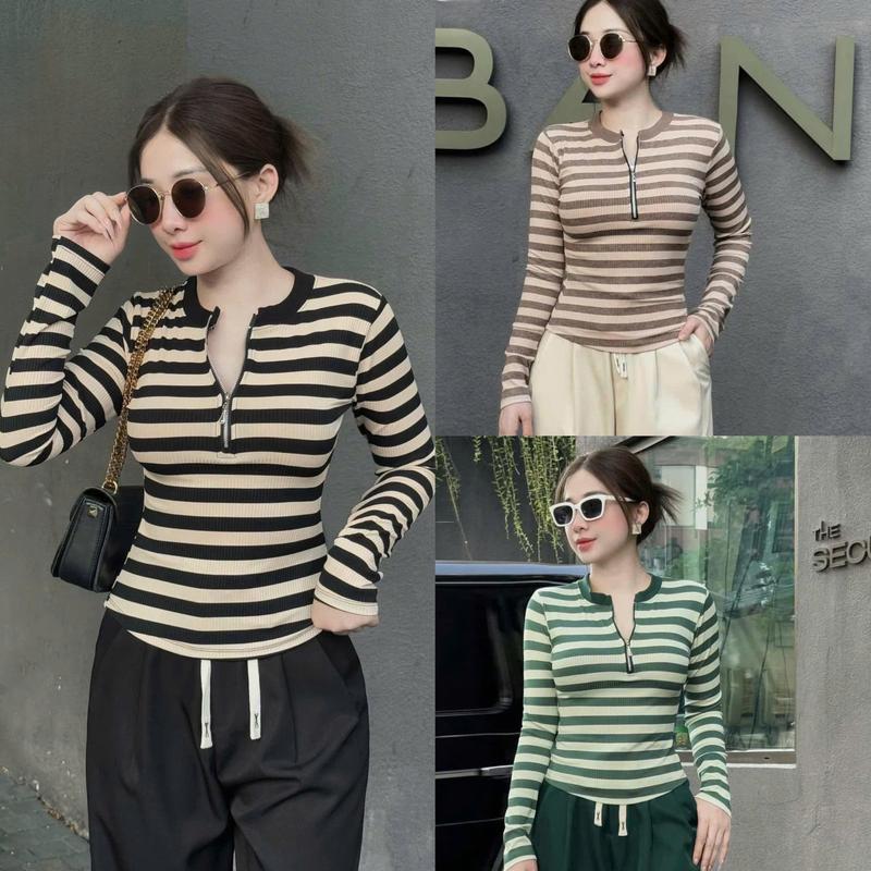 Áo Thun Nữ Tay Dài Phối Cổ Dây Kéo Vải Thun Tăm 45- 90Kg Bigsize Dễ Thương Top Nữ Women - B.1537