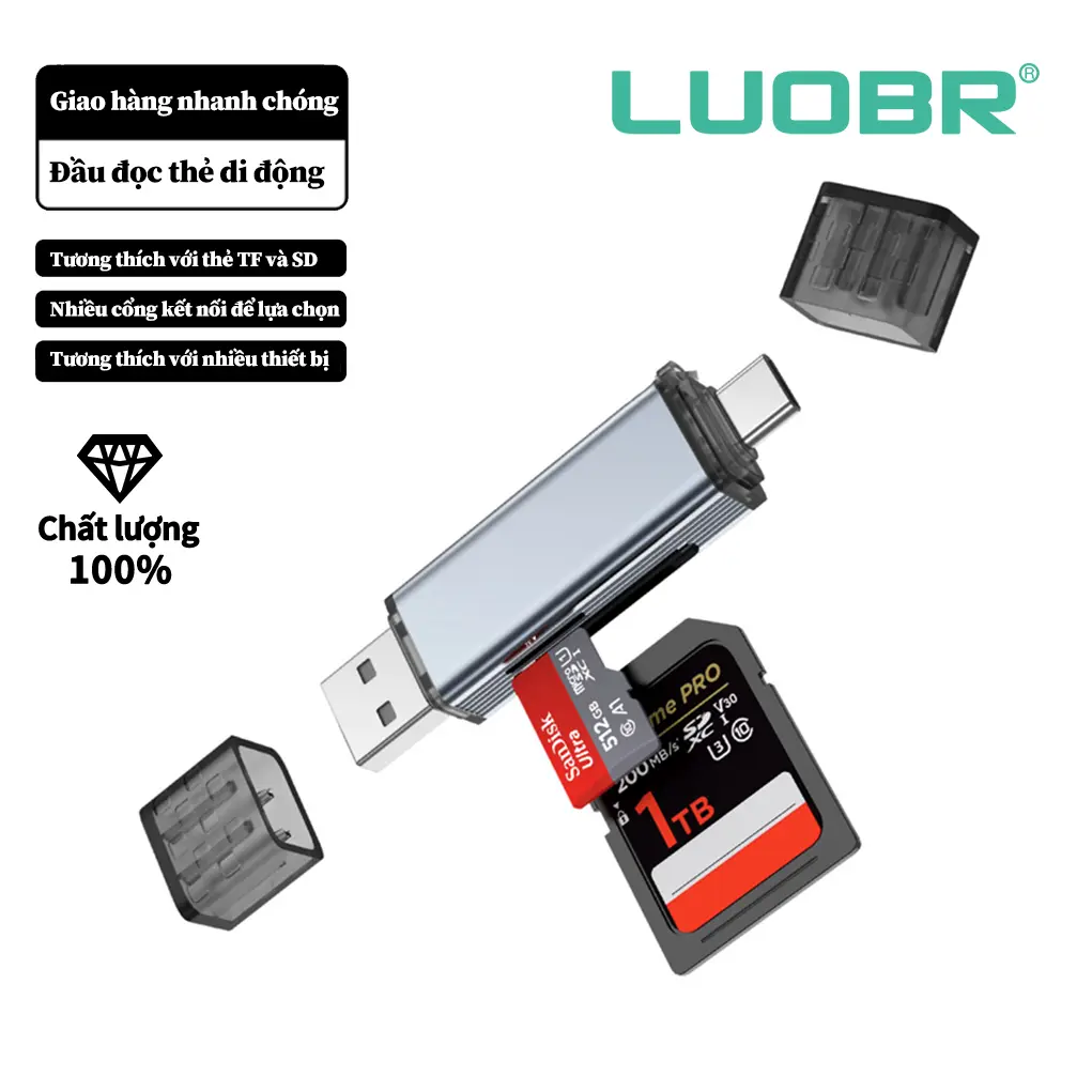 Đầu đọc thẻ nhớ SD TF cho điện thoại IP, Android, PC, Mac, Laptop, đầu đọc thẻ nhớ đa năng 2in1 - 1