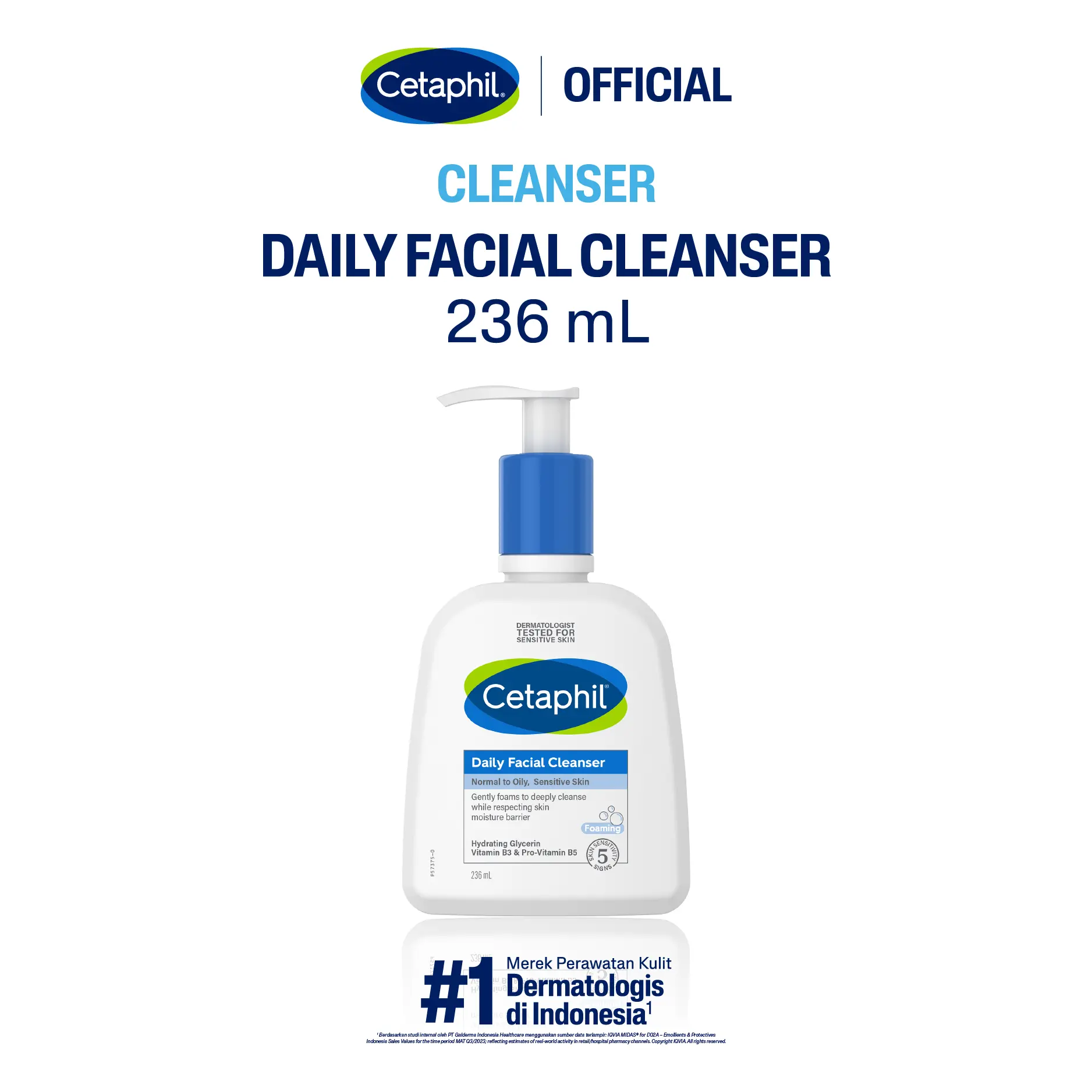 Cetaphil Daily Facial Cleanser 236ml dengan Hydrating Glycerin, Panthenol, Niacinamide untuk meminimalkan tampilan pori-pori pada Kulit Berminyak dan Sensitif