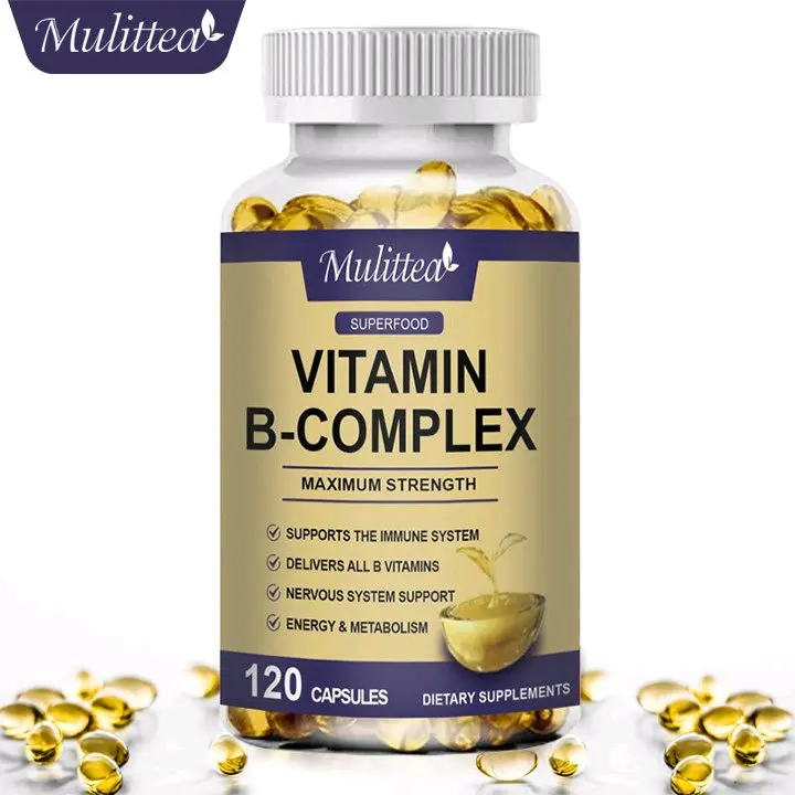Kapsul Vitamin B Kompleks (B12, B1, B2, B3, B5, B6, B7, B9, Acid Folic & Biotin) Mengurangi Stress & mendukung Moods Lebih Baik ,Bantu Kesehatan dan Energi Sistem Nervus-120 Kapsul