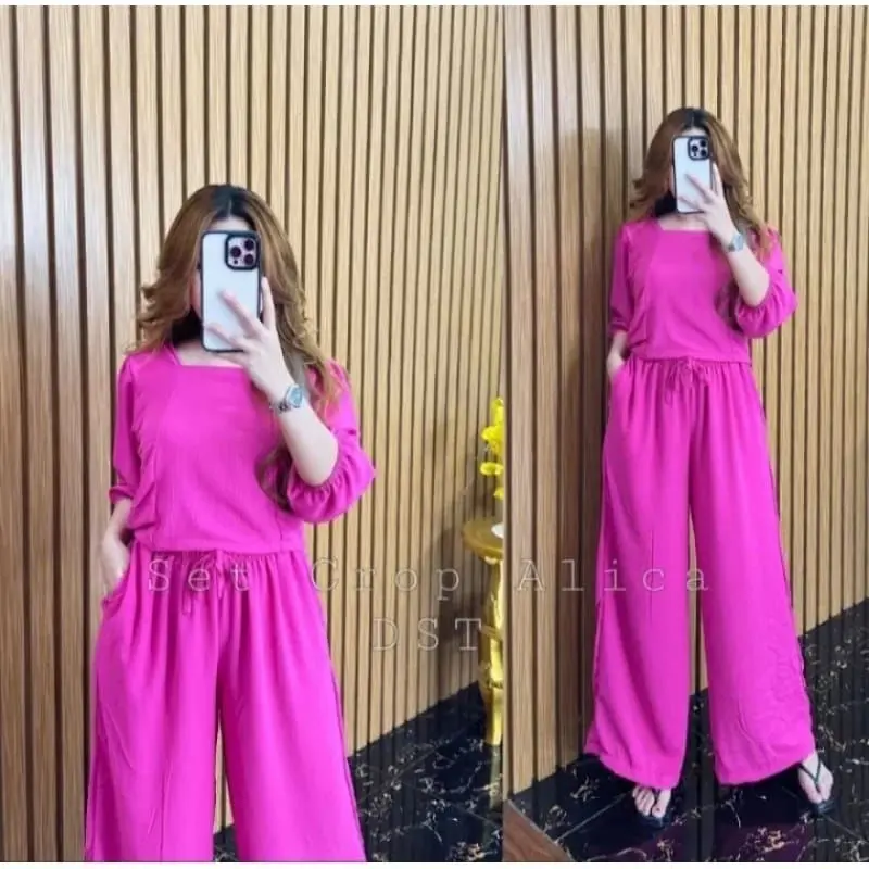 Baju Setelan Wanita Dewasa Jumbo Crop Alica Clara OnesetBahan Crincel Airflow Premium Crinkle Kulot Panjang Panjang