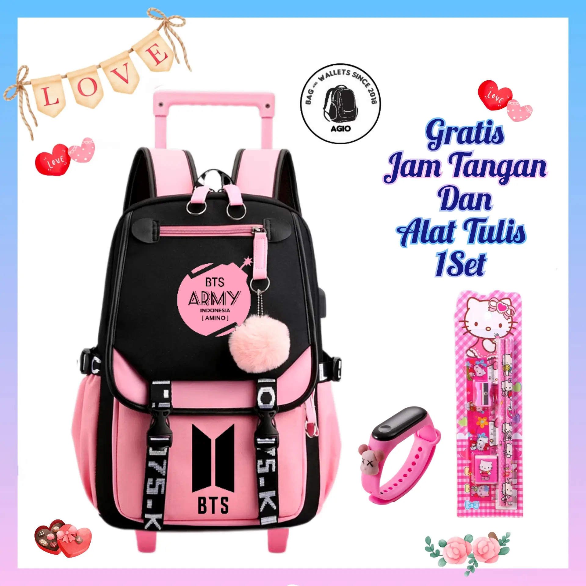 Tas Sekolah Anak Terlaris Tas Ransel Troli Anak Perempuan Sd Smp Motif BtsArmy Bisa Bayar COD Gratis Jam Tangan Led Dan Alat Tulis 1 Set
