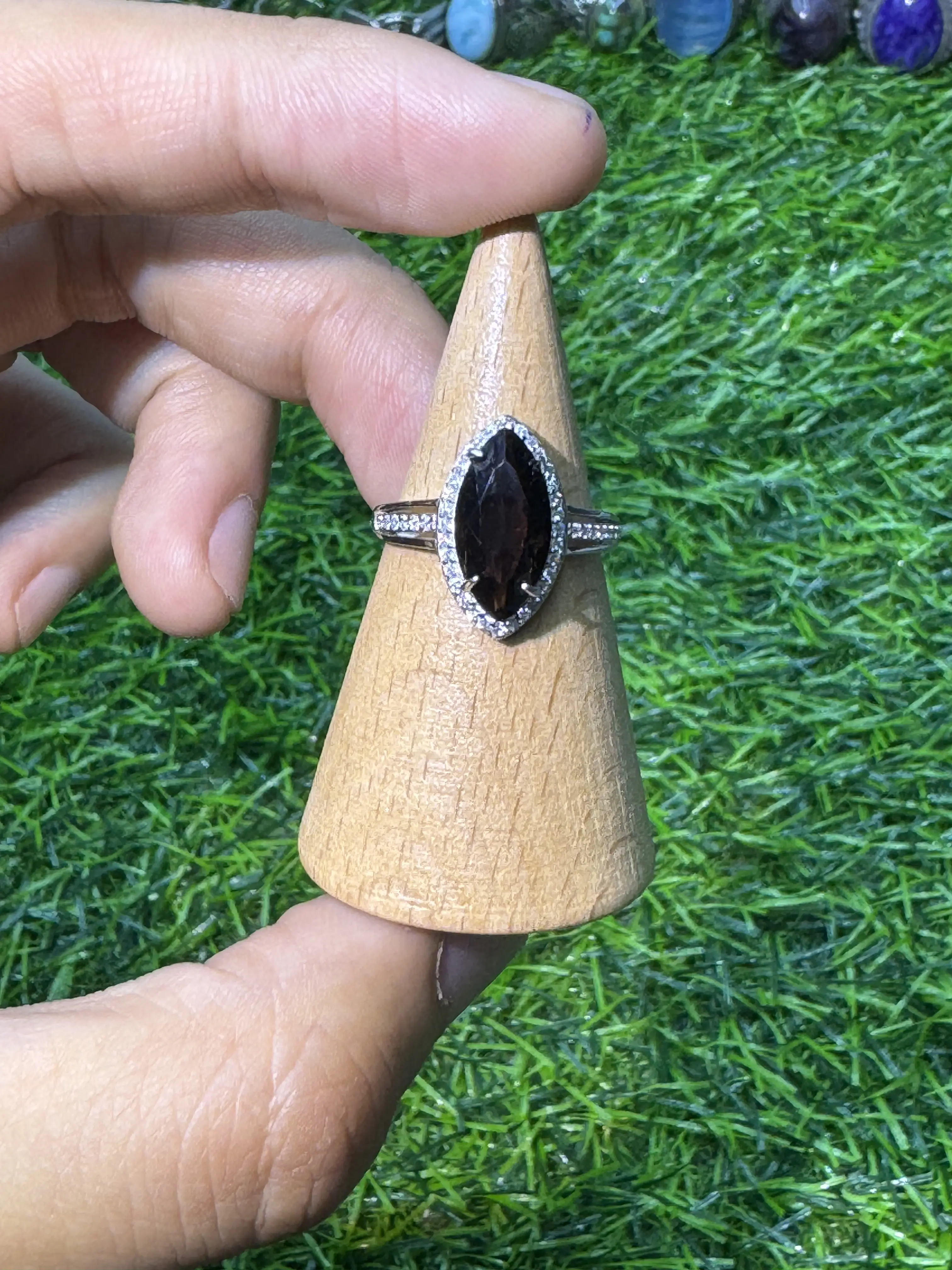 Cincin Kuarza Berasap, Bahan S925, Saiz Boleh Laras, Rekaan Potongan Marquise, Warna Tetapan. Warna Perak Warna Emas Mawar
