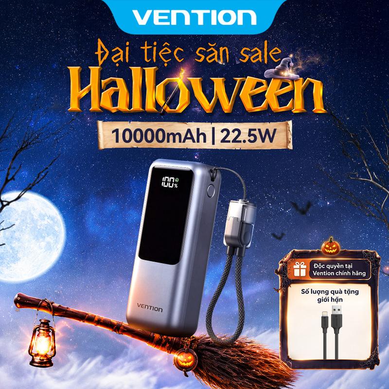 Vention Mini 10000mAh 22,5W Bộ sạc dự phòng - 2 cổng USB-C và USB-A, dây đeo Type-C tích hợp, sạc đồng thời cho 3 thiết bị