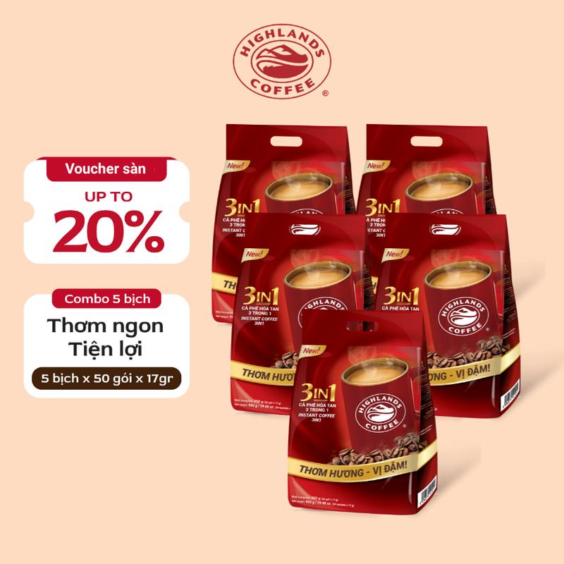  COMBO 5 TÚI - CÀ PHÊ HOÀ TAN HIGHLANDS COFFEE - 50 GÓI 