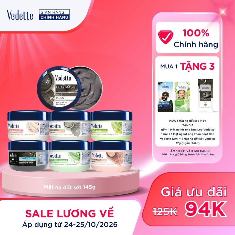Vedette Mặt Nạ Đất Sét Vedette 145g - Chất Lượng Cao - Skincare Cosmetics - Giúp Hút Dầu Thừa & cặn bẩn - Dành Cho Da Dầu/Hỗn Hợp - Xuất Xứ Việt Nam