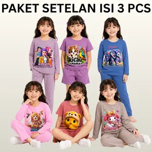 Paket Hemat Setelan Anak Perempuan Polos Motif Random 6 Pcs Usia 1-8 Tahun - Fashion
