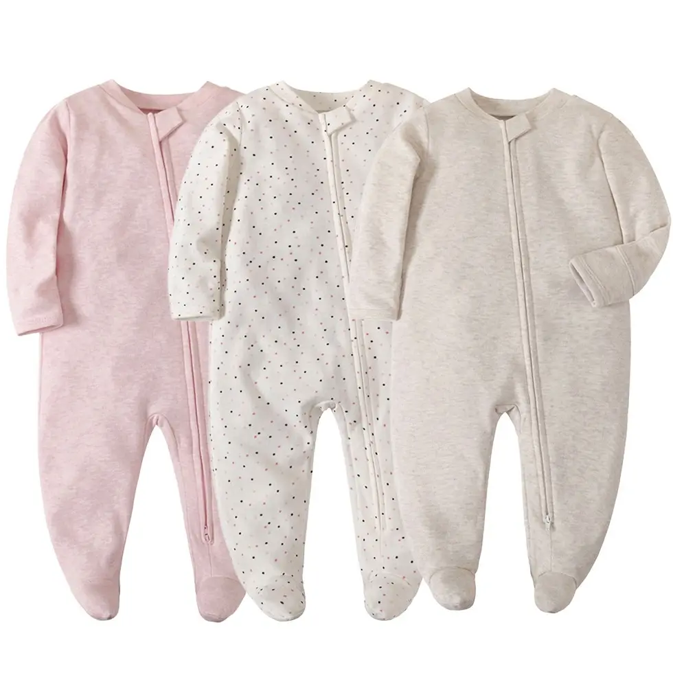 Đồ Ngủ Bé Trai, Áo Liền Quần Dài Tay, Cotton, Màu Trơn, Có Khóa Kéo Voi