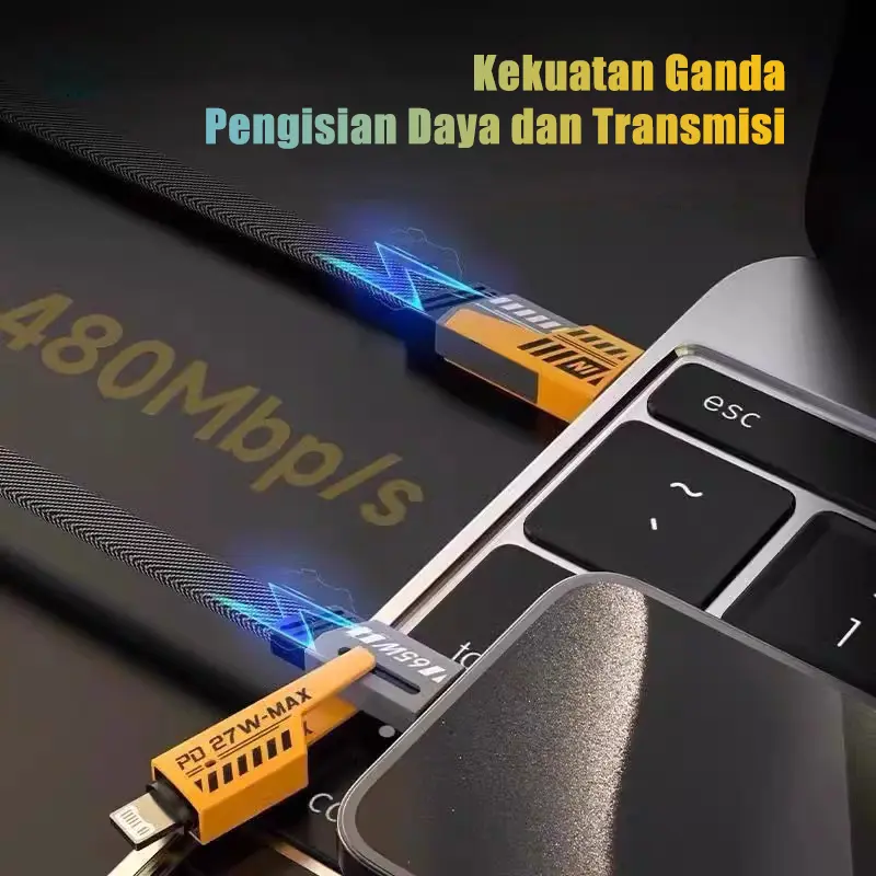 ZHIKE Kabel Data 4 IN 1 PD Fast Charging 27W+65W USB-A to Type-C/iOS Lightning Type-C to Type-C/iOS Dikepang 1M 5A 280W 240W Adaptor GaN Pengisi Cepat Cable Charger Kasar dan Tahan Lama Untuk iPhone Android XIAOMI HUAWEI VIVO OPPO 3