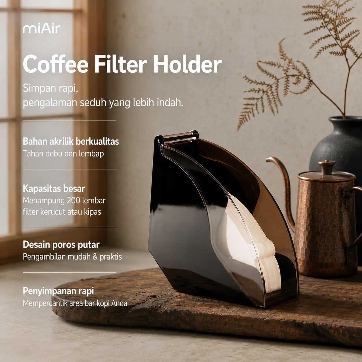 Coffee filter paper storage box, dustproof and moisture-proof, large capacity, desktop pour-over coffee equipment accessory.