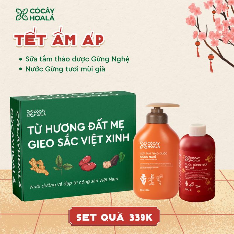 TẾT ẤM ÁP 339K Set quà Tết Cỏ Cây Hoa Lá "Khởi nguồn tự nhiên – Giữ Hồn Tết Việt": Combo Sữa Tắm Thảo Dược Gừng Nghệ 500g Nước Gừng Tươi Mùi Già 300g