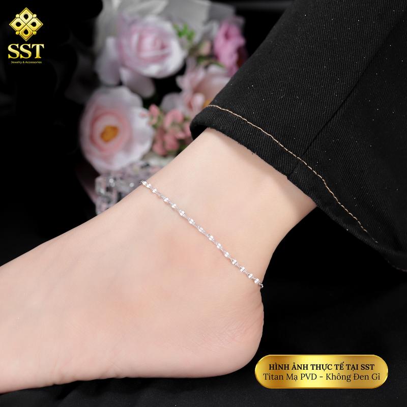 Lắc Chân Nữ Titan SST Kiểu lá me trơn trắng óng ánh Không Đen Gỉ Móc Tròn LC55